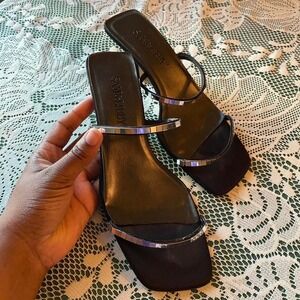 Sam & Libby Black Strappy Kitten Heel Sandals Silver Mirror Tile Square Toe 7M